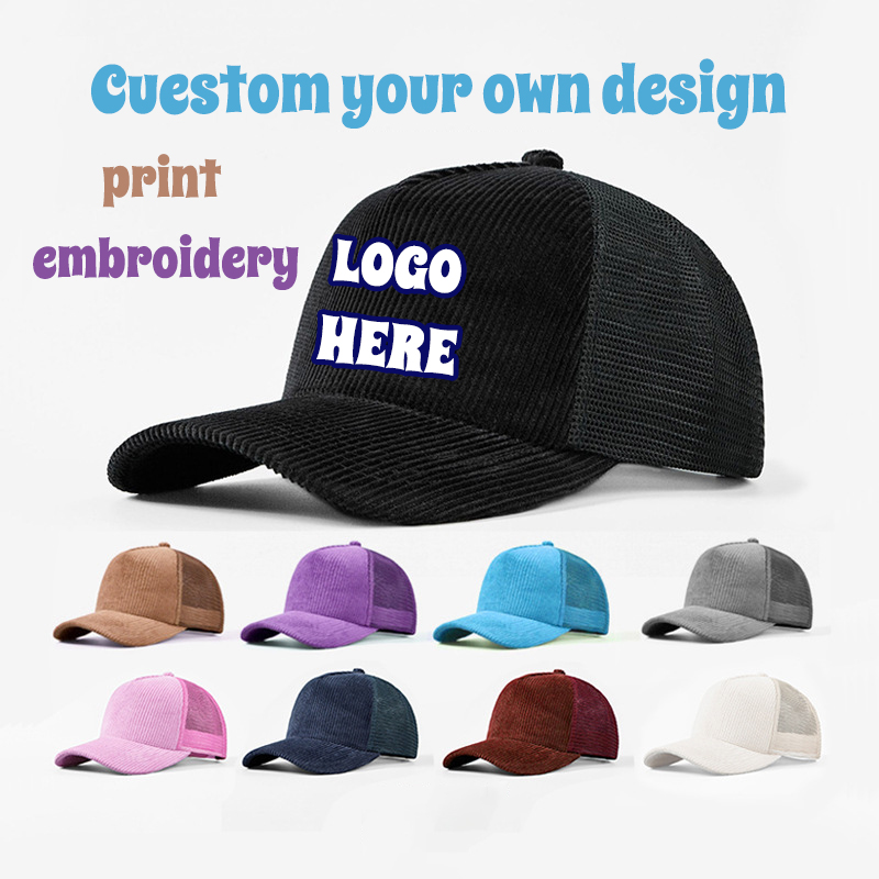 Corduroy Cap 5 Panel - Cord-Mesh-Sportkappe, individuelle Stickerei, Logo, Trucker-Fahrer-Mütze, Unisex,