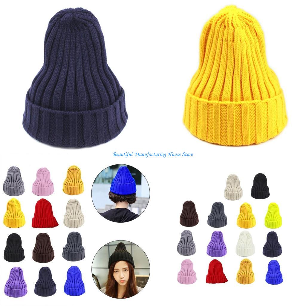 Beanie Cuffed Knit - E56A Unisex Winter-Rippstrick-Spitzmütze, neonfarbene, einfarbige Totenkopfmütze
