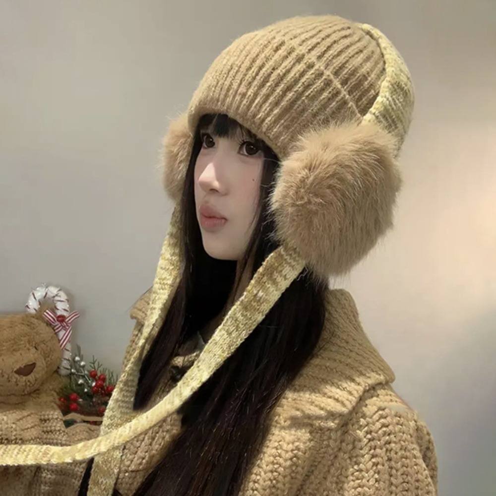 Beanie Cuffed Knit - Retro-Strickmütze mit Ohrenklappen, gefüttert mit Fleece,