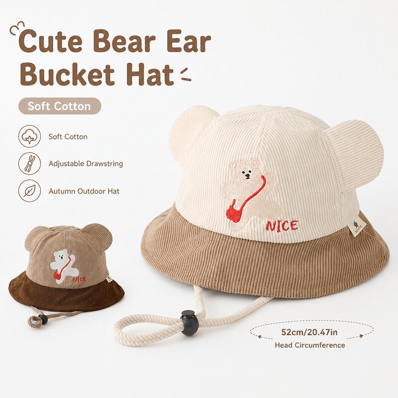 Bucket Hat Cotton - Kinder-Bucket-Hat mit Bärenohren, Weiche Baumwolle, Farbblock-Design,