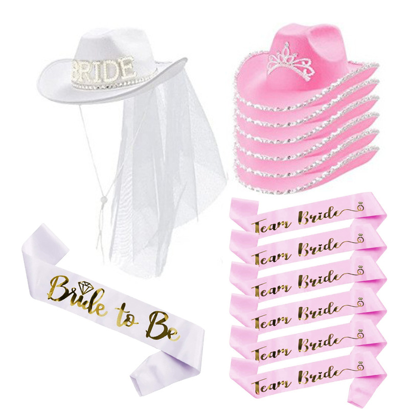 Cowboy Hat Straw - Rosa/weiße Braut zu sein Satin Schärpe