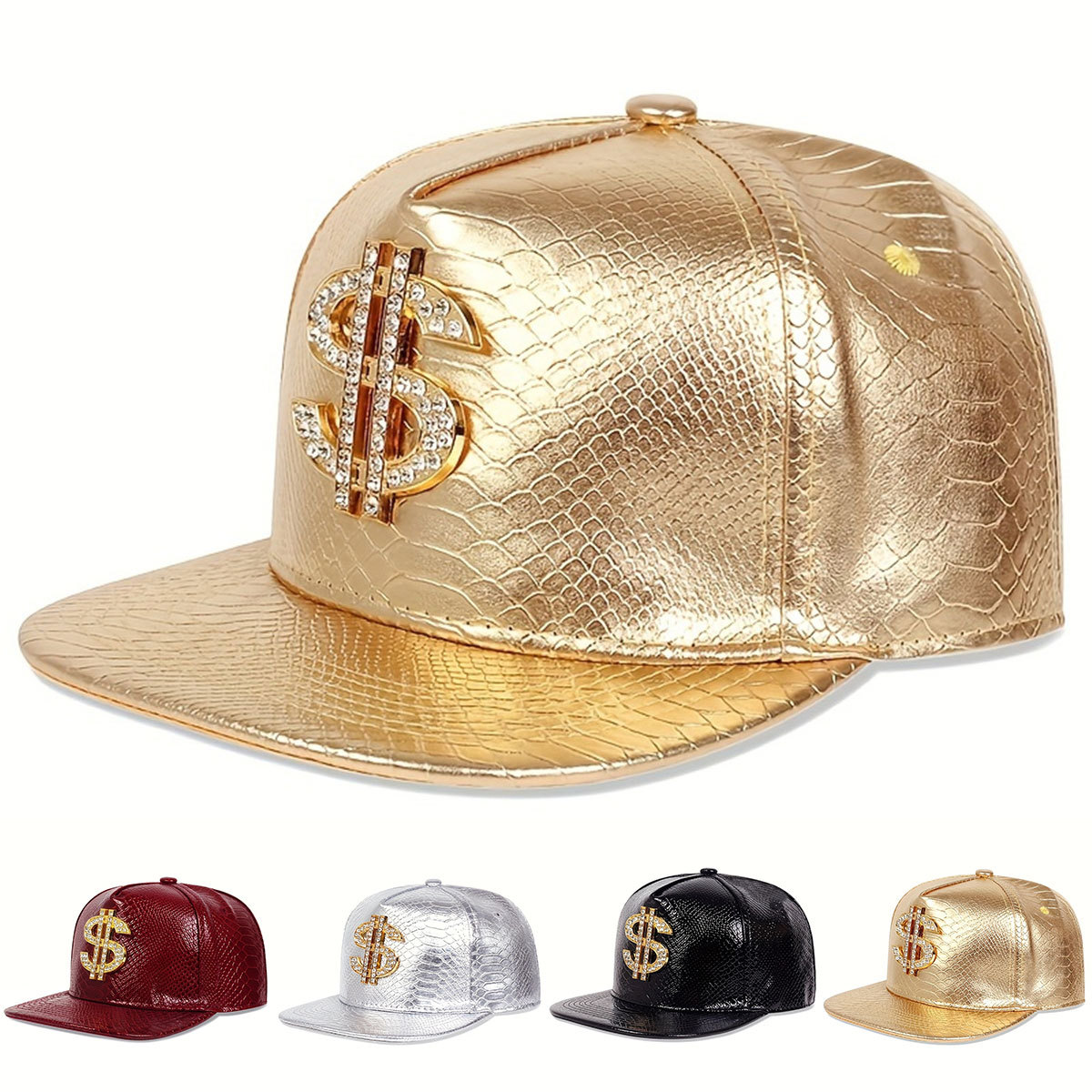 Snapback Hat Flat - Leder-Baseballkappe mit metallischem Dollar-Zeichen für Herren