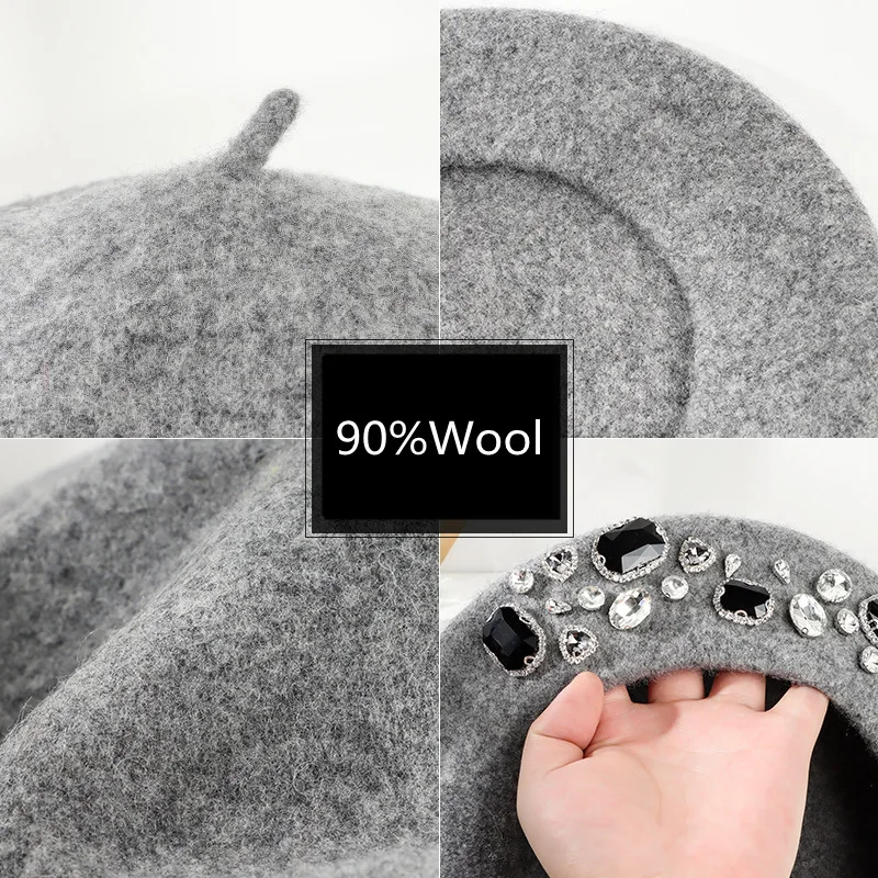 Beret French Wool - Französische Baskenmütze, dickes Strass-Dekor, randloses Thermo-Dekor,