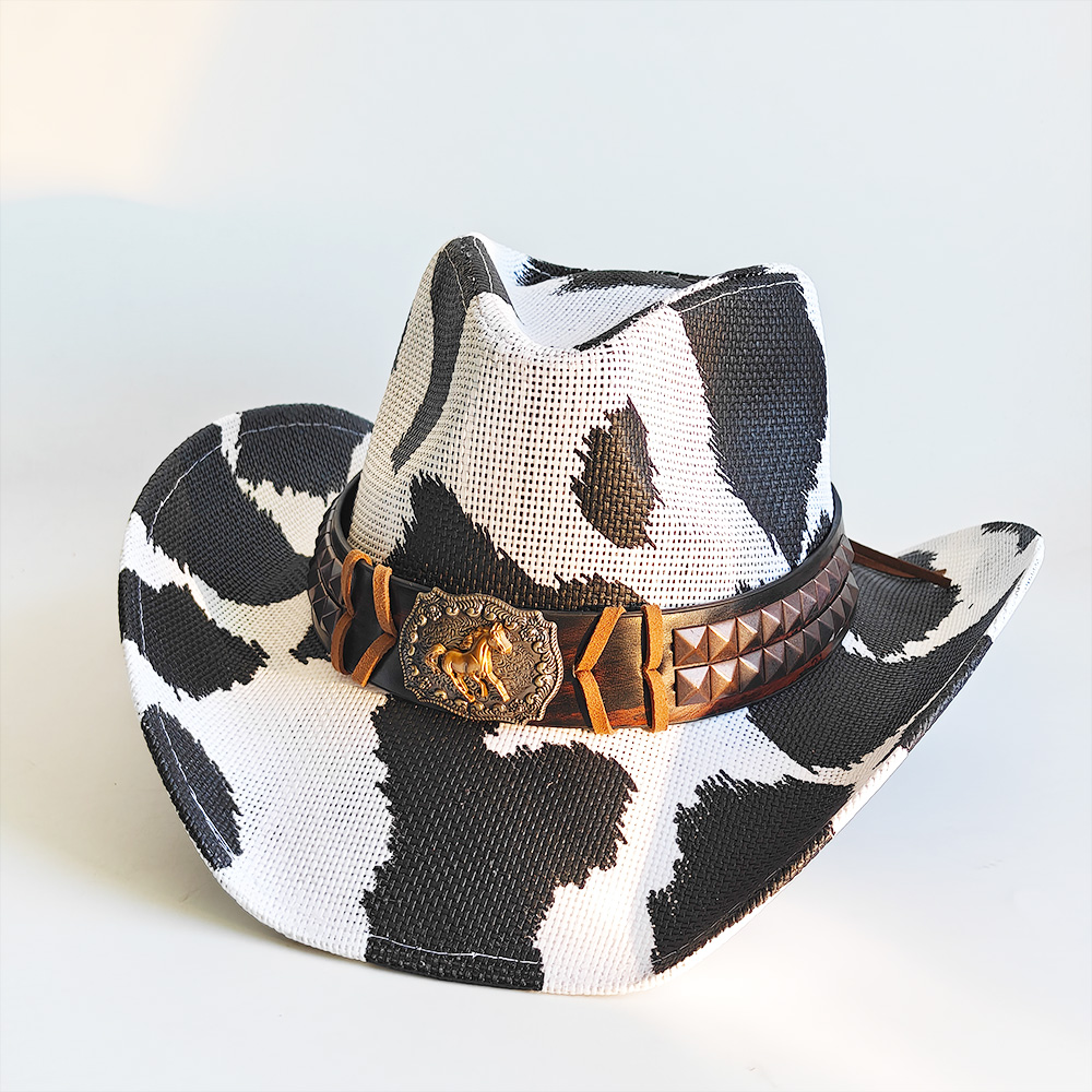 Cowboy Hat Straw - Vintage Cowboyhut mit Kuhfellmuster, Metallschnalle mit